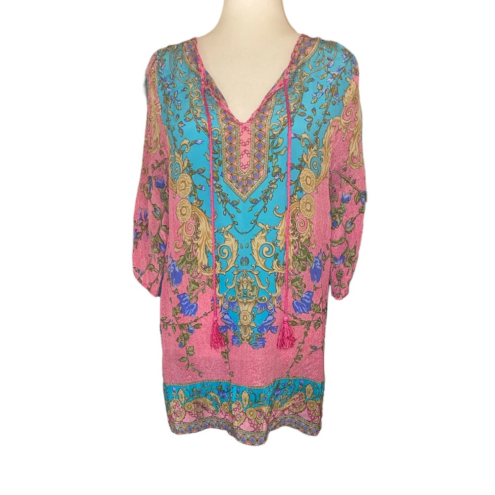 Tolani Anthropologie Silk Pink & Aqua Blue Tassel Tunic Top Dress - S